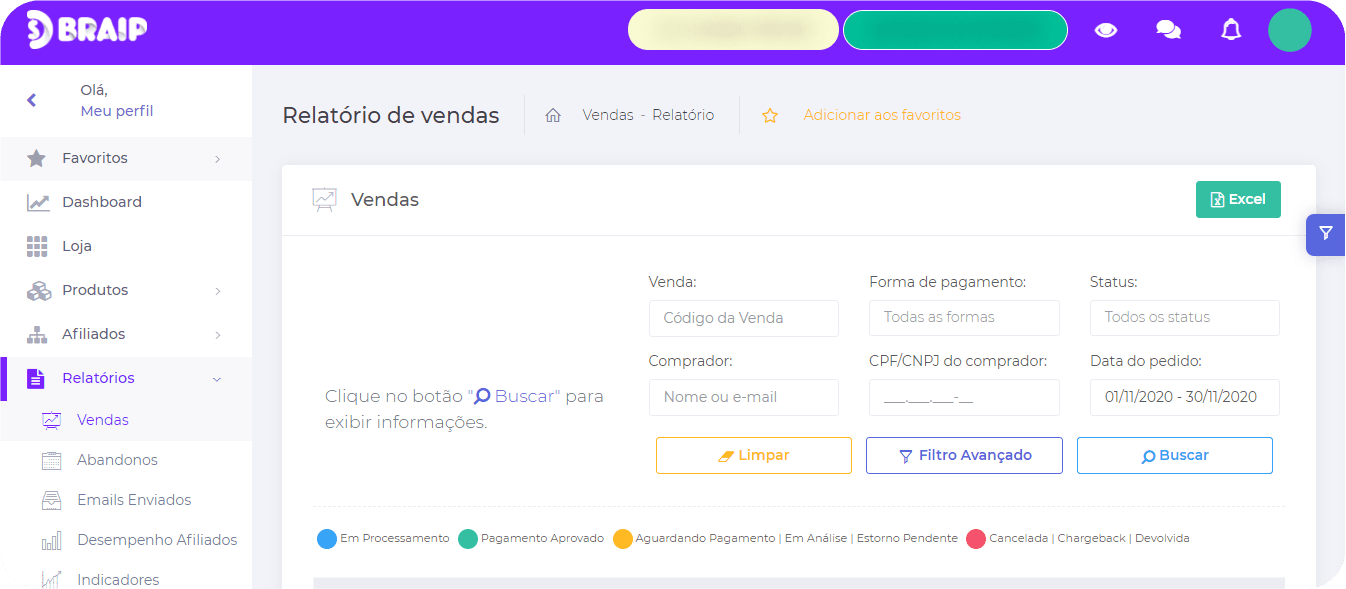 Painel principal da Braip