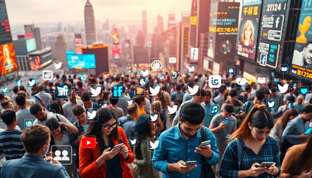 A bustling digital landscape of social media platforms, vibrant colors, and seamless connectivity. In the foreground, a group of diverse individuals engaging with their mobile devices, immersed in a world of shares, likes, and comments. The middle ground features a blend of sleek, modern icons representing popular social media apps, their logos and interfaces subtly integrated into the scene. The background showcases a dynamic cityscape, with skyscrapers and digital displays pulsing with data and information, reflecting the ever-evolving nature of the digital age. The lighting is a soft, diffused glow, creating a sense of warmth and vibrancy, while the camera angle is slightly elevated, offering a bird's-eye view of the interconnected digital realm.