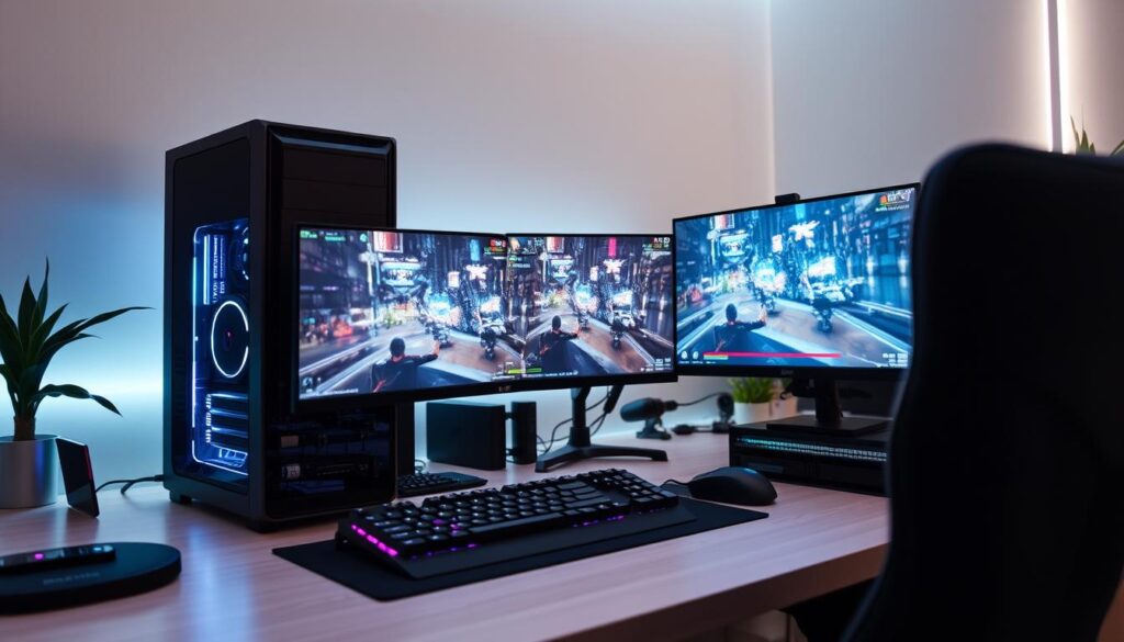 A bustling gaming setup with a high-end PC, multiple monitors, and a sleek gaming keyboard and mouse. The desk is illuminated by soft, indirect lighting, creating a cozy and immersive atmosphere. In the foreground, a live stream video feed captures the player's intense gaming session, showcasing dynamic game graphics and seamless gameplay. The background features a minimalist, modern decor with subtle neon accents, hinting at the futuristic and tech-savvy nature of the streaming setup. The overall scene conveys a sense of professional, high-quality content creation and an engaging gaming experience.