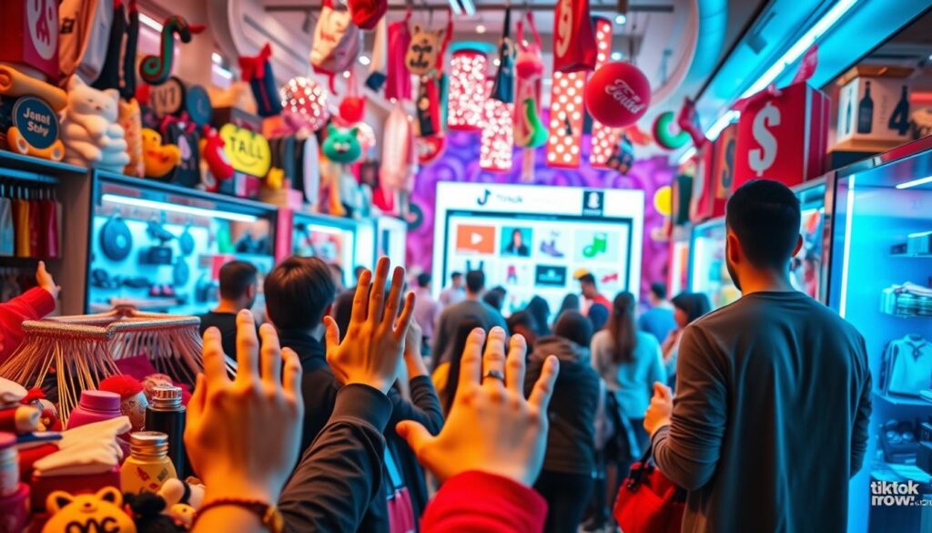 A bustling shopping experience unfolding in the vibrant world of TikTok Shop. In the foreground, a diverse array of products captivates the attention of curious consumers, their hands reaching out to touch and explore. In the middle ground, a sleek, modern interface showcases the latest trends and deals, drawing in a crowd of engaged shoppers. The background is a vibrant tapestry of TikTok's signature aesthetic, with playful animations, dynamic transitions, and a pulsing energy that evokes the platform's immersive and interactive nature. The lighting is warm and inviting, casting a soft glow over the scene and creating a sense of excitement and anticipation. The overall atmosphere is one of exploration, discovery, and the thrill of the shopping journey within the TikTok Shop ecosystem. A bustling shopping experience unfolding in the vibrant world of TikTok Shop. In the foreground, a diverse array of products captivates the attention of curious consumers, their hands reaching out to touch and explore. In the middle ground, a sleek, modern interface showcases the latest trends and deals, drawing in a crowd of engaged shoppers. The background is a vibrant tapestry of TikTok's signature aesthetic, with playful animations, dynamic transitions, and a pulsing energy that evokes the platform's immersive and interactive nature. The lighting is warm and inviting, casting a soft glow over the scene and creating a sense of excitement and anticipation. The overall atmosphere is one of exploration, discovery, and the thrill of the shopping journey within the TikTok Shop ecosystem.