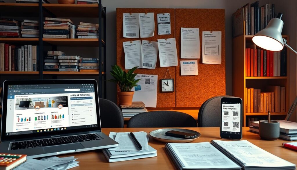 A busy home office with a digital affiliate marketing workspace. In the foreground, a laptop and mobile device display affiliate program dashboards and analytics. On the desk, marketing materials, product samples, and a notebook with handwritten notes. In the middle ground, a cork board with printed affiliate links, QR codes, and commission reports pinned up. The background features shelves stocked with reference books, online course materials, and a small potted plant adding a touch of nature. Warm, focused lighting illuminates the scene, creating an atmosphere of productivity and digital entrepreneurship.