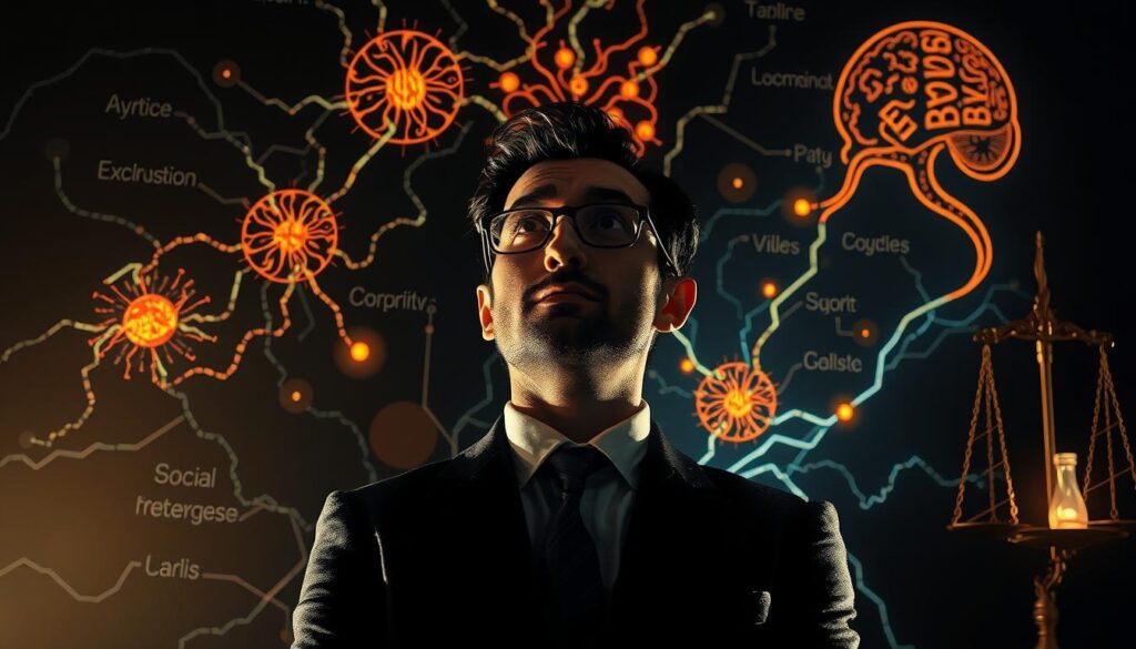 A captivating illustration of "mental triggers in infoproduct sales" depicting a thoughtful businessman surrounded by glowing neural pathways and persuasive psychology concepts. Dramatic chiaroscuro lighting illuminates the scene, casting long shadows and emphasizing the intricate interplay of cognitive biases, social proof, and emotional resonance. The composition draws the viewer's eye to the central figure, whose pensive expression reflects the deep understanding of the fundamental principles of persuasion. The background features subtle visual metaphors, such as the scales of justice and the siren call of temptation, all harmoniously woven into a visually striking and conceptually rich image. A captivating illustration of "mental triggers in infoproduct sales" depicting a thoughtful businessman surrounded by glowing neural pathways and persuasive psychology concepts. Dramatic chiaroscuro lighting illuminates the scene, casting long shadows and emphasizing the intricate interplay of cognitive biases, social proof, and emotional resonance. The composition draws the viewer's eye to the central figure, whose pensive expression reflects the deep understanding of the fundamental principles of persuasion. The background features subtle visual metaphors, such as the scales of justice and the siren call of temptation, all harmoniously woven into a visually striking and conceptually rich image.