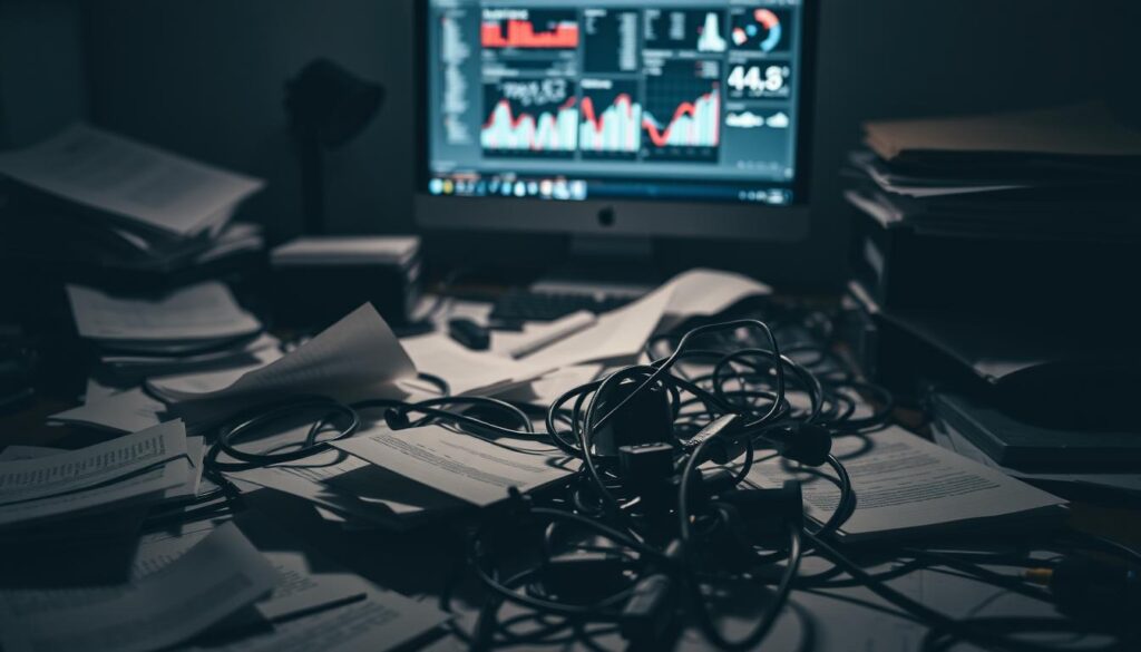A cluttered desk with scattered documents, crumpled papers, and a tangled mess of cables symbolizing the common pitfalls of affiliate marketing. A dim, moody lighting casts shadows across the scene, creating a sense of unease and frustration. In the background, a blurred computer screen displays confusing analytics and data, highlighting the complexities that affiliates often face. The overall composition conveys the challenges and obstacles that affiliates must navigate, setting the stage for the "Erros, Práticas Proibidas e Orientações para Afiliados" section of the article. A cluttered desk with scattered documents, crumpled papers, and a tangled mess of cables symbolizing the common pitfalls of affiliate marketing. A dim, moody lighting casts shadows across the scene, creating a sense of unease and frustration. In the background, a blurred computer screen displays confusing analytics and data, highlighting the complexities that affiliates often face. The overall composition conveys the challenges and obstacles that affiliates must navigate, setting the stage for the "Erros, Práticas Proibidas e Orientações para Afiliados" section of the article.