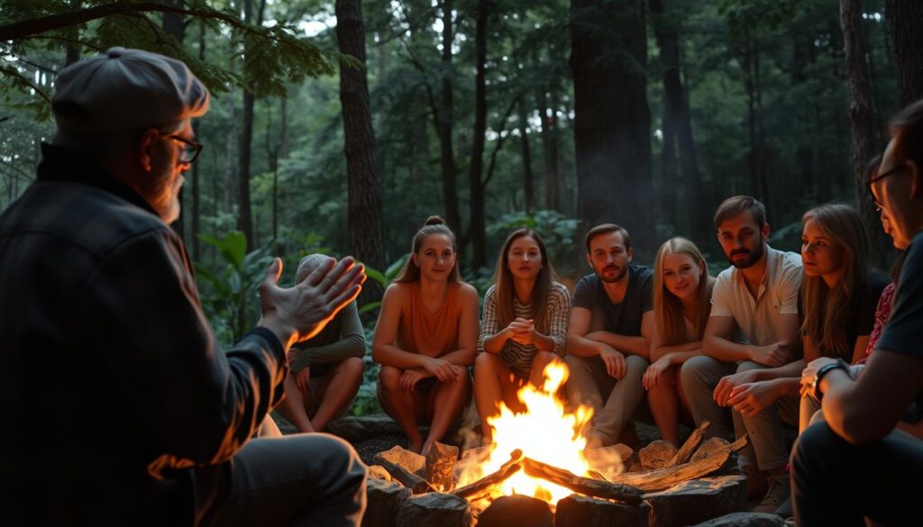 A cozy campfire casts a warm glow over a group of people gathered around, their faces illuminated as they listen intently to a captivating storyteller. In the foreground, the storyteller gestures animatedly, weaving a tale that captivates the audience. The middle ground features the rapt listeners, their expressions a mix of wonder and contemplation. In the background, a lush forest setting provides a serene and enchanting backdrop, hinting at the imaginative world of the story. The scene conveys a sense of connection, engagement, and the power of persuasive storytelling to influence and inspire.