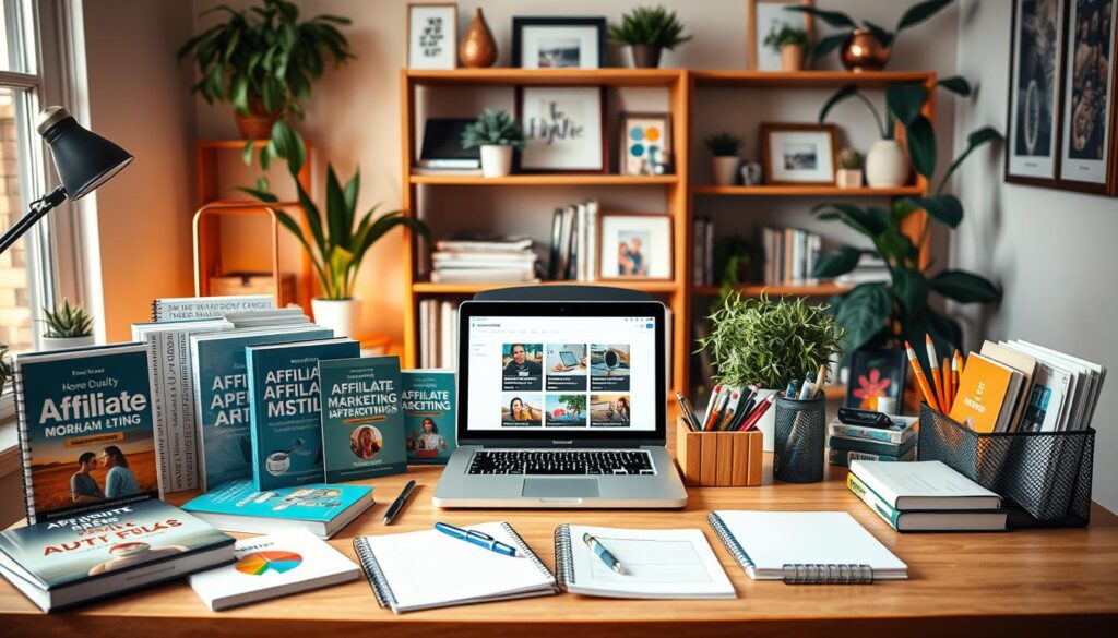 A cozy home office scene with a neatly organized desk showcasing a selection of affiliate marketing products. The foreground features various high-quality digital and physical products, including books, courses, and software tools, all carefully arranged on the desk. The middle ground shows a laptop open to an affiliate program dashboard, surrounded by notebooks, pens, and a well-stocked stationery organizer. The background depicts a warm, softly lit room with bookshelves, potted plants, and framed artwork, creating a productive and inspiring atmosphere. The lighting is soft and diffused, casting gentle shadows and highlighting the textures of the products. The overall composition conveys a sense of focus, organization, and the potential for generating passive income through a carefully curated affiliate marketing strategy. A cozy home office scene with a neatly organized desk showcasing a selection of affiliate marketing products. The foreground features various high-quality digital and physical products, including books, courses, and software tools, all carefully arranged on the desk. The middle ground shows a laptop open to an affiliate program dashboard, surrounded by notebooks, pens, and a well-stocked stationery organizer. The background depicts a warm, softly lit room with bookshelves, potted plants, and framed artwork, creating a productive and inspiring atmosphere. The lighting is soft and diffused, casting gentle shadows and highlighting the textures of the products. The overall composition conveys a sense of focus, organization, and the potential for generating passive income through a carefully curated affiliate marketing strategy.