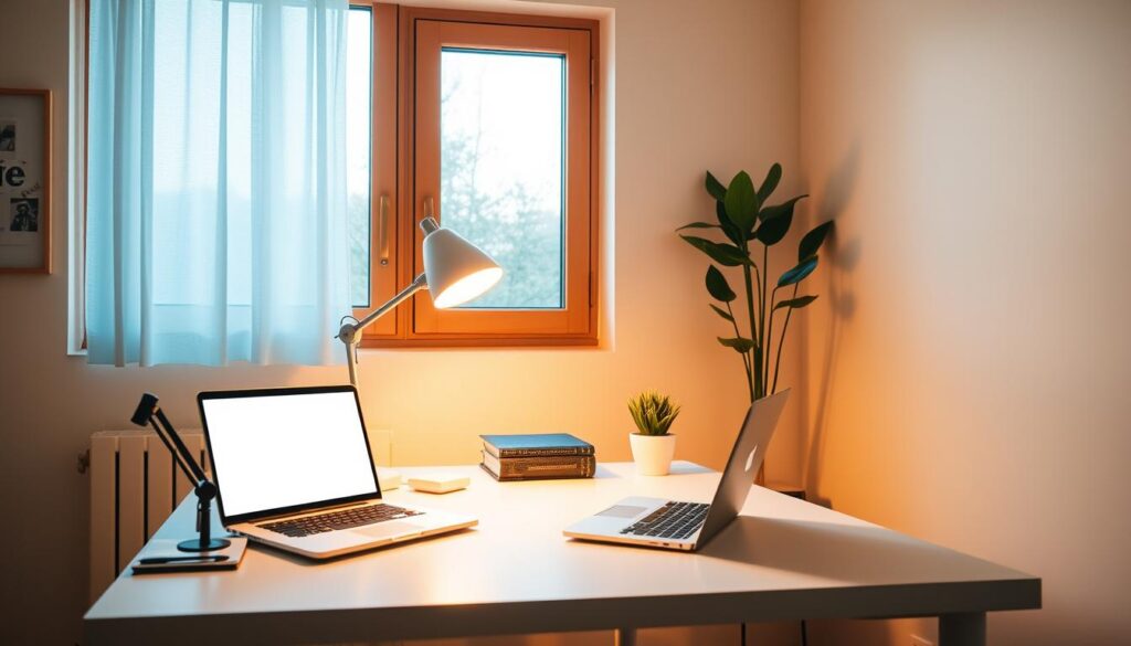 A cozy home office setup with a laptop, a desk lamp, and a small potted plant. Warm, natural lighting filters through a large window, casting a soft glow over the workspace. The desk is neatly organized, with a minimalist aesthetic, hinting at a productive and efficient workspace. The room is sparsely decorated, with a neutral color palette, creating a calming and focused environment. The overall atmosphere conveys a sense of simplicity, productivity, and the potential for a thriving home-based business.