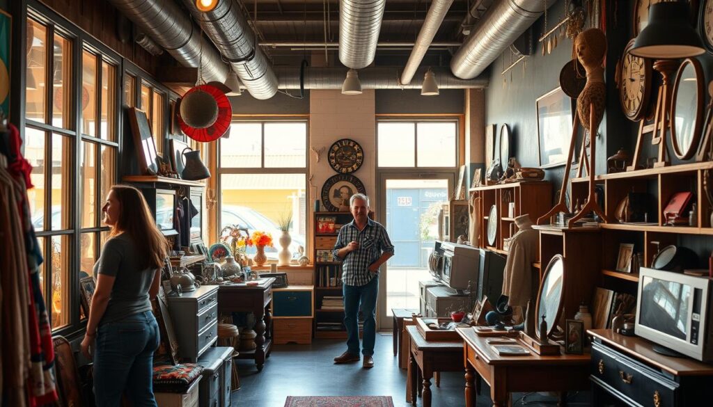 A cozy secondhand shop nestled in a vibrant urban setting, showcasing an inviting array of pre-owned items, from vintage clothing and accessories to refurbished furniture and electronics. Warm natural lighting filters through large display windows, casting a soft glow on the neatly organized shelves and tables. Customers browse leisurely, discovering hidden gems and unique one-of-a-kind treasures, as the owner, a friendly and knowledgeable individual, assists in guiding them through the selection. The overall atmosphere exudes a sense of nostalgia, sustainability, and the joy of finding something special in the discarded.
