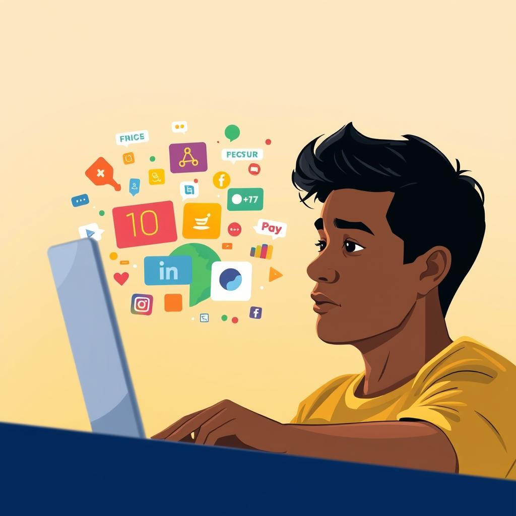 A digital illustration depicting a Brazilian person discovering online opportunities, in a motivational atmosphere. The foreground shows a person gazing intently at a laptop screen, their expression hopeful and determined. The middle ground features an array of colorful, abstract shapes and forms representing the digital landscape and various marketing strategies. The background has a soft, warm gradient, conveying a sense of positivity and inspiration. The lighting is natural and diffused, creating a balanced, uplifting atmosphere. The overall composition suggests the potential for growth, success, and the strategic implementation of content-driven marketing on social media platforms.