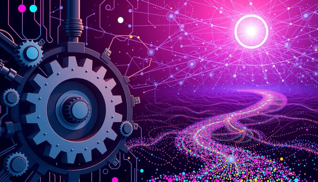 A digital illustration depicting the complex algorithmic system behind the TikTok platform. In the foreground, a stylized gear mechanism represents the inner workings of the algorithm, with intricate cogs and levers. The middle ground features a dynamic flow of data, visualized as a river of colorful particles, symbolizing the constant stream of user interactions and content. In the background, a vast network of interconnected nodes and lines suggests the expansive reach and scale of the TikTok algorithm, reaching out to a global audience. The overall composition conveys a sense of technological sophistication, precision, and the powerful influence of the algorithm in shaping the viral potential of content on the platform.