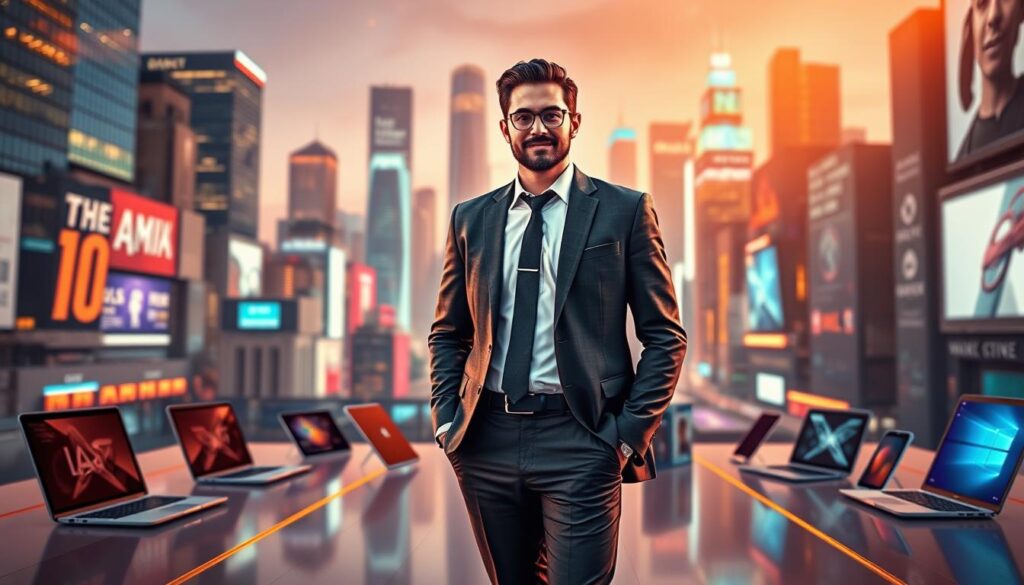 A digital marketing affiliate standing confidently amidst a dynamic, technology-driven backdrop. In the foreground, the affiliate is dressed in a sharp, modern business attire, exuding professionalism and expertise. The middle ground features a series of digital devices, such as laptops, tablets, and smartphones, representing the tools and platforms used in the digital marketplace. In the background, a vibrant cityscape with towering skyscrapers and neon-lit billboards creates a sense of the bustling digital economy. Warm, directional lighting illuminates the scene, casting shadows that add depth and dimension. The overall mood is one of opportunity, innovation, and the empowerment of the digital affiliate.