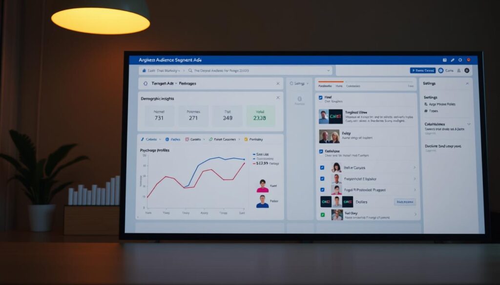 A digital marketing agency presenting targeted audience segmentation for Facebook Ads. In the foreground, a data visualization dashboard displays demographic insights, psychographic profiles, and user behavior patterns. In the middle ground, segmented user avatars interact with content. The background features a minimalist Facebook Ads interface with settings and optimization tools. Warm lighting, a clean color palette, and a focus on data-driven decision-making convey a sense of strategic digital marketing expertise.