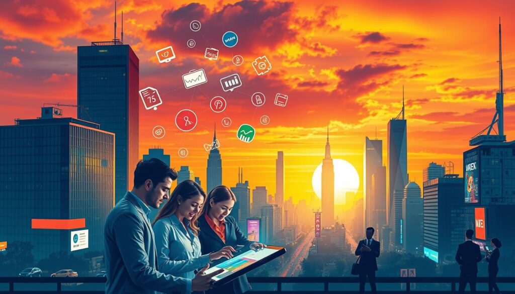 A digital marketing strategies illustration showcasing a vibrant cityscape with a focus on mobile devices. In the foreground, a group of professionals collaborate on a smartphone, with digital marketing icons and elements floating around them. The middle ground features a bustling urban landscape, with skyscrapers, neon signs, and people engaging with their mobile devices. In the background, a warm, sunset-hued sky sets an energetic and innovative tone. The scene is illuminated by natural and artificial lighting, creating a dynamic and immersive atmosphere that captures the essence of modern digital marketing for mobile businesses.