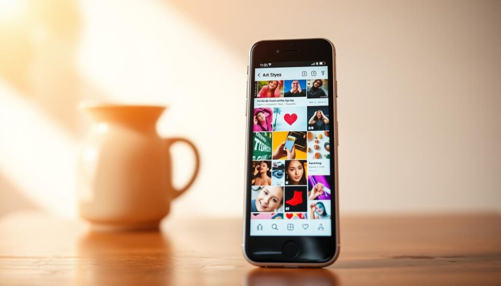 A digital mobile device displaying a vibrant social media feed, with a variety of visually engaging content. The foreground showcases a smartphone in a portrait orientation, the screen filled with colorful posts, images, and graphics. The middle ground features a minimalist, soft-focus background, highlighting the central focus on the mobile device. Warm, natural lighting creates a welcoming and inviting atmosphere, conveying the ease and accessibility of creating content for social platforms on the go. The overall composition emphasizes the importance of mobile-friendly, visually compelling content for effective social media marketing.