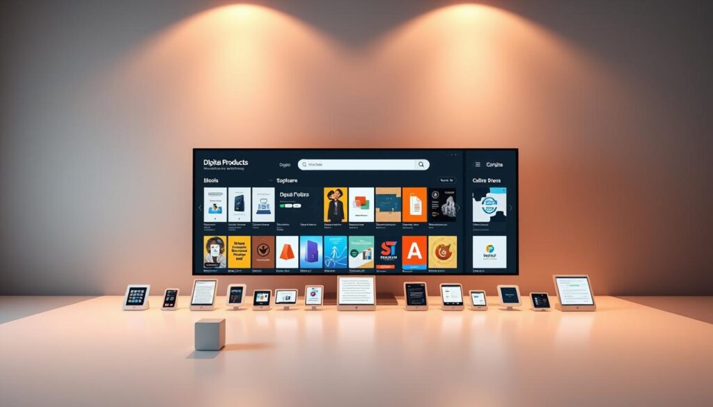 A digital products platform set against a sleek, modern backdrop. In the foreground, an array of digital icons and product thumbnails are neatly displayed on a clean, minimalist interface. The middle ground features a large, central display showcasing a range of digital content, from eBooks and online courses to software and mobile apps. The background is composed of subtle gradients and geometric patterns, creating a sense of depth and sophistication. The overall scene is illuminated by warm, directional lighting, casting subtle shadows and highlights that accentuate the digital elements. The mood is professional, organized, and inviting, reflecting the intuitive and user-friendly nature of the platform. A digital products platform set against a sleek, modern backdrop. In the foreground, an array of digital icons and product thumbnails are neatly displayed on a clean, minimalist interface. The middle ground features a large, central display showcasing a range of digital content, from eBooks and online courses to software and mobile apps. The background is composed of subtle gradients and geometric patterns, creating a sense of depth and sophistication. The overall scene is illuminated by warm, directional lighting, casting subtle shadows and highlights that accentuate the digital elements. The mood is professional, organized, and inviting, reflecting the intuitive and user-friendly nature of the platform.