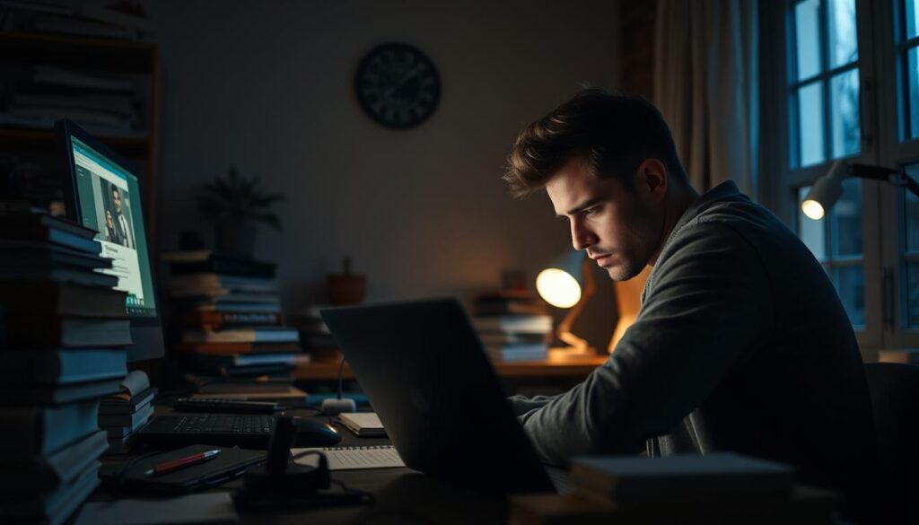 A dimly lit home office, illuminated by the glow of a laptop screen. In the foreground, a person sits hunched over, brow furrowed in concentration, grappling with the challenges of building an online income stream. Stacks of books and notepads clutter the desk, a testament to the arduous journey of financial independence. The middle ground reveals a tangle of wires and devices, symbolizing the technological obstacles that must be navigated. In the background, a window offers a glimpse of the outside world, a reminder of the temptations and distractions that can derail one's focus. The atmosphere is one of determination tinged with frustration, as the subject wrestles with the complexities of earning money online.