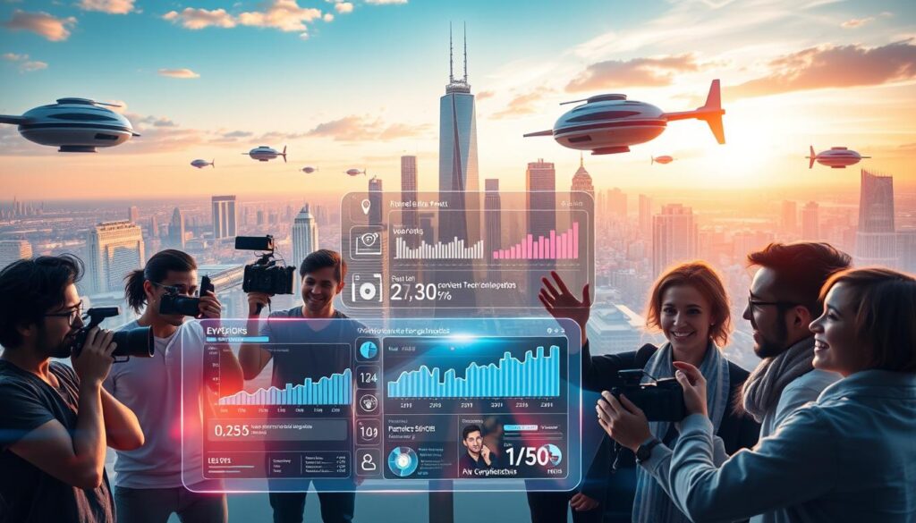 A dynamic and engaging social media reel set against a vibrant, futuristic backdrop. In the foreground, a diverse group of content creators energetically film and edit reel content, their expressions filled with focus and enthusiasm. The middle ground features a sleek, holographic display showcasing reel analytics and engagement metrics, illuminating the power of strategic reel optimization. In the background, a panoramic cityscape of gleaming skyscrapers and hovering transport pods sets the scene for the cutting-edge world of 2025 social media. Soft, directional lighting from above casts an aspirational glow, while a subtle motion blur emphasizes the fast-paced, constantly evolving nature of the reel landscape. A dynamic and engaging social media reel set against a vibrant, futuristic backdrop. In the foreground, a diverse group of content creators energetically film and edit reel content, their expressions filled with focus and enthusiasm. The middle ground features a sleek, holographic display showcasing reel analytics and engagement metrics, illuminating the power of strategic reel optimization. In the background, a panoramic cityscape of gleaming skyscrapers and hovering transport pods sets the scene for the cutting-edge world of 2025 social media. Soft, directional lighting from above casts an aspirational glow, while a subtle motion blur emphasizes the fast-paced, constantly evolving nature of the reel landscape.