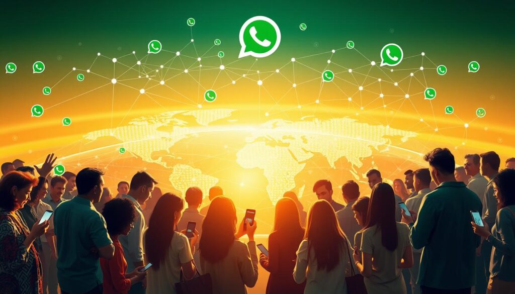 A global reach through WhatsApp. A vibrant, dynamic scene depicting the worldwide connectivity facilitated by the popular messaging app. In the foreground, a cluster of diverse people from different cultures and backgrounds, their phones in hand, engaged in animated conversation. The middle ground showcases a sprawling, interconnected network of digital pathways, symbolizing the seamless flow of information across borders. In the background, a panoramic view of the globe, its continents and oceans rendered in vivid detail, highlighting the app's global reach. Warm, soft lighting casts a welcoming glow, and the composition is framed by a modern, minimalist aesthetic, emphasizing the simplicity and accessibility of the WhatsApp platform. A global reach through WhatsApp. A vibrant, dynamic scene depicting the worldwide connectivity facilitated by the popular messaging app. In the foreground, a cluster of diverse people from different cultures and backgrounds, their phones in hand, engaged in animated conversation. The middle ground showcases a sprawling, interconnected network of digital pathways, symbolizing the seamless flow of information across borders. In the background, a panoramic view of the globe, its continents and oceans rendered in vivid detail, highlighting the app's global reach. Warm, soft lighting casts a welcoming glow, and the composition is framed by a modern, minimalist aesthetic, emphasizing the simplicity and accessibility of the WhatsApp platform.