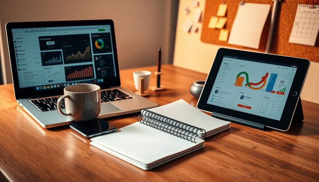 A high-quality digital marketing toolkit arranged neatly on a wooden surface, illuminated by warm, directional lighting that casts soft shadows. In the foreground, a laptop, smartphone, and tablet are displayed, with various analytics dashboards and social media platforms visible on their screens. In the middle ground, a coffee mug, spiral notebook, and pen stand, hinting at the creative and strategic aspects of digital marketing. In the background, a cork board with sticky notes and a calendar, suggesting the planning and organization required. The overall mood is professional, focused, and inspiring, capturing the essence of digital marketing tools and tactics. A high-quality digital marketing toolkit arranged neatly on a wooden surface, illuminated by warm, directional lighting that casts soft shadows. In the foreground, a laptop, smartphone, and tablet are displayed, with various analytics dashboards and social media platforms visible on their screens. In the middle ground, a coffee mug, spiral notebook, and pen stand, hinting at the creative and strategic aspects of digital marketing. In the background, a cork board with sticky notes and a calendar, suggesting the planning and organization required. The overall mood is professional, focused, and inspiring, capturing the essence of digital marketing tools and tactics.