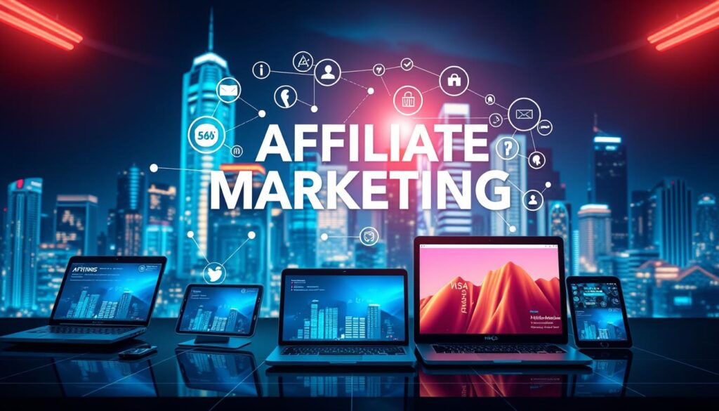 A high-quality image of "nicho marketing afiliados" with a vibrant, digital atmosphere. The foreground features a stylized graphic representation of affiliate marketing, with interconnected icons and symbols. The middle ground showcases a diverse range of digital devices, such as laptops, tablets, and smartphones, all displaying affiliate marketing-related content. The background depicts a futuristic cityscape with glowing skyscrapers, conveying the modern, tech-savvy nature of the digital marketing landscape. The lighting is a mix of cool tones and warm highlights, creating a dynamic and visually engaging composition. The overall mood is one of innovation, connectivity, and the potential for success in the world of affiliate marketing.