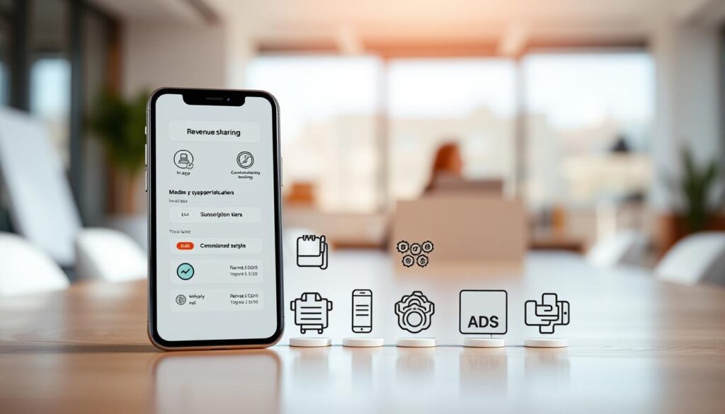 A high-quality, photo-realistic image of various models of compensation in mobile applications, showcased in a clean, minimalist style. The foreground features a smartphone screen displaying different revenue sharing structures, such as in-app purchases, subscription tiers, and commission-based earnings. The middle ground depicts several icons representing different monetization strategies, such as ads, virtual goods, and referral programs. The background is a soft, blurred office setting, emphasizing the professional and technological context. The overall scene is lit by natural light, with a warm, inviting color palette that conveys a sense of innovation and financial opportunity. The composition is well-balanced, drawing the viewer's attention to the key elements of the image.