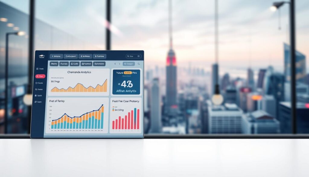 A high-resolution, visually stunning, and photorealistic image of a modern web-based affiliate platform. The foreground showcases the platform's intuitive dashboard, featuring clean lines, vibrant colors, and user-friendly analytics charts and graphs that display key performance metrics. The middle ground depicts various product offerings, represented by sleek and minimalist icons. The background is a blurred, out-of-focus scene of a bustling city skyline, conveying a sense of a global, interconnected marketplace. The lighting is soft and diffused, creating a professional and polished aesthetic. The camera angle is slightly elevated, giving the viewer a sense of oversight and control over the platform's features and functionalities. A high-resolution, visually stunning, and photorealistic image of a modern web-based affiliate platform. The foreground showcases the platform's intuitive dashboard, featuring clean lines, vibrant colors, and user-friendly analytics charts and graphs that display key performance metrics. The middle ground depicts various product offerings, represented by sleek and minimalist icons. The background is a blurred, out-of-focus scene of a bustling city skyline, conveying a sense of a global, interconnected marketplace. The lighting is soft and diffused, creating a professional and polished aesthetic. The camera angle is slightly elevated, giving the viewer a sense of oversight and control over the platform's features and functionalities.