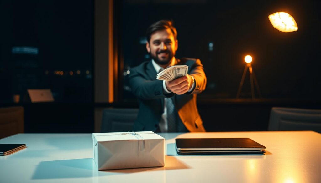 A meticulously detailed cash on delivery transaction, captured in a dramatic, high-contrast scene. In the foreground, a crisp, clean package sits on a sleek, modern table, surrounded by a clean, minimalist workspace. In the middle ground, a well-dressed individual extends their hand, holding out cash payment, their expression one of professionalism and confidence. The background is dimly lit, creating a sense of focus and intensity, with subtle hints of an urban environment visible through the window. Warm, directional lighting illuminates the scene, casting dramatic shadows and highlighting the textures of the materials. The overall mood is one of efficiency, precision, and the successful completion of a lucrative business transaction.
