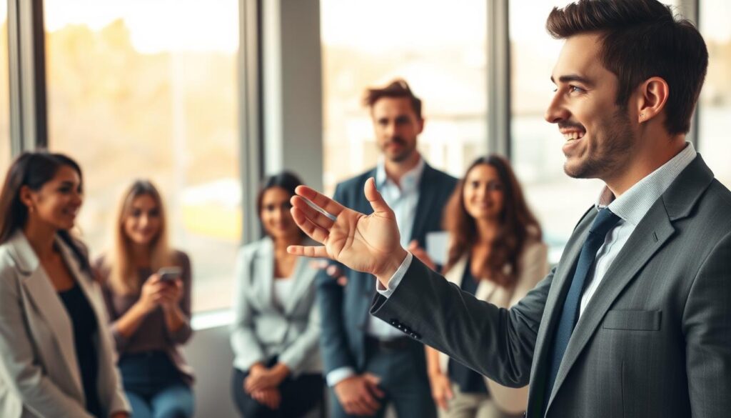 A modern and dynamic image showcasing "clear communication in infoproduct sales". In the foreground, a well-dressed sales professional gestures expressively while delivering a presentation, their face radiating confidence and clarity. The middle ground features a group of attentive customers, their expressions engaged and receptive. The background depicts a sleek, minimalist office space with large windows allowing warm, natural light to flood the scene. The overall atmosphere conveys a sense of professionalism, effective communication, and the successful application of persuasive sales techniques tailored for infoproduct marketing. A modern and dynamic image showcasing "clear communication in infoproduct sales". In the foreground, a well-dressed sales professional gestures expressively while delivering a presentation, their face radiating confidence and clarity. The middle ground features a group of attentive customers, their expressions engaged and receptive. The background depicts a sleek, minimalist office space with large windows allowing warm, natural light to flood the scene. The overall atmosphere conveys a sense of professionalism, effective communication, and the successful application of persuasive sales techniques tailored for infoproduct marketing.