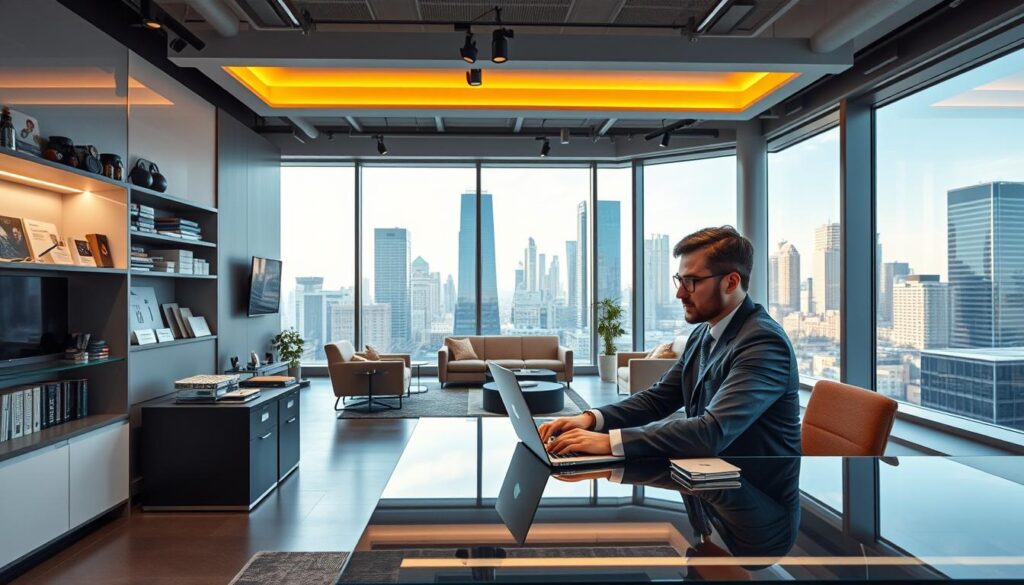 A modern and professional-looking office interior, filled with sleek furniture and technological devices. In the foreground, a well-dressed consultant sits at a glass desk, working intently on a laptop. The middle ground features shelves stocked with digital products and marketing materials. The background showcases large windows overlooking a vibrant city skyline, bathed in warm, natural lighting. The overall atmosphere exudes a sense of productivity, innovation, and digital expertise.