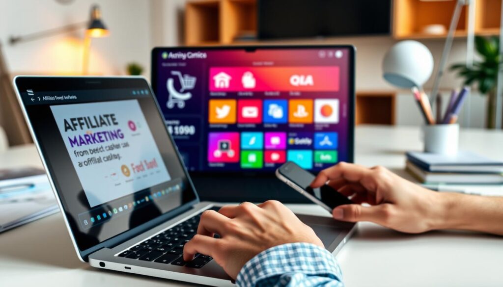 A modern office setting with a laptop, smartphone, and various digital marketing tools. In the foreground, a person's hands are typing on the keyboard, with a focus on the process of creating digital content for affiliate marketing and cashback programs. The middle ground features a colorful display showing analytics, social media platforms, and e-commerce platforms, reflecting the digital nature of the task. The background is a clean, minimalist workspace with warm lighting, creating a productive and focused atmosphere. The overall scene conveys the idea of leveraging digital technologies and platforms to build a successful online business through affiliate marketing and cashback strategies.