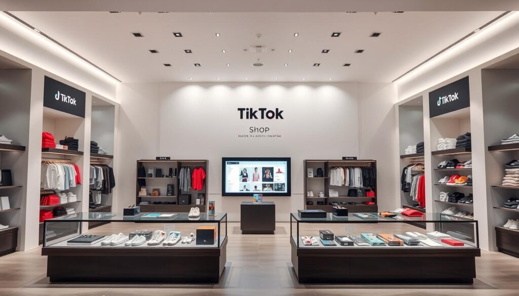 A modern, sleek TikTok Shop storefront set in a well-lit, minimalist interior. The foreground features an array of product displays, neatly arranged and showcasing various merchandise. In the middle ground, a large, interactive touchscreen display dominates the scene, allowing for seamless product navigation and customization. The background showcases a clean, white wall with subtle branding elements, creating a cohesive and visually appealing aesthetic. The overall scene conveys a sense of professionalism, technological integration, and a user-friendly shopping experience tailored for the TikTok audience. A modern, sleek TikTok Shop storefront set in a well-lit, minimalist interior. The foreground features an array of product displays, neatly arranged and showcasing various merchandise. In the middle ground, a large, interactive touchscreen display dominates the scene, allowing for seamless product navigation and customization. The background showcases a clean, white wall with subtle branding elements, creating a cohesive and visually appealing aesthetic. The overall scene conveys a sense of professionalism, technological integration, and a user-friendly shopping experience tailored for the TikTok audience.