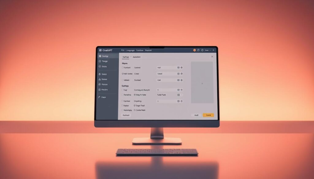 A modern, sleek configuration interface of the ChatGPT AI language model, showcasing its intuitive controls and customizable settings. The interface is displayed on a futuristic, minimalist desktop against a soft, gradient background. Warm lighting illuminates the display, creating a sense of sophistication and technological advancement. The layout features clean lines, bold typography, and subtly animated interface elements, reflecting the power and precision of the ChatGPT system. The overall composition conveys the user-friendly and highly configurable nature of this cutting-edge AI tool. A modern, sleek configuration interface of the ChatGPT AI language model, showcasing its intuitive controls and customizable settings. The interface is displayed on a futuristic, minimalist desktop against a soft, gradient background. Warm lighting illuminates the display, creating a sense of sophistication and technological advancement. The layout features clean lines, bold typography, and subtly animated interface elements, reflecting the power and precision of the ChatGPT system. The overall composition conveys the user-friendly and highly configurable nature of this cutting-edge AI tool.