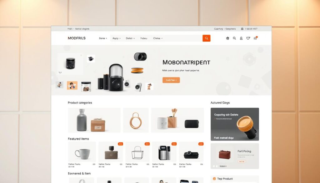 A modern, well-designed e-commerce website with a clean, minimalist layout. The home page features a large hero image showcasing a variety of products, with a sleek search bar and navigation menu at the top. In the middle ground, neatly arranged product categories and featured items invite the user to explore. The background has a subtle geometric pattern, conveying a sense of professionalism and digital sophistication. Warm, indirect lighting creates a welcoming ambiance, while the overall composition suggests a user-friendly, intuitive shopping experience.
