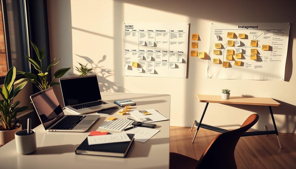 A productive and visually engaging Instagram content planning session. A modern office space with a sleek desk, a laptop, and various planning materials - sticky notes, a calendar, and a strategic brainstorming diagram on the wall. Warm, natural lighting illuminates the scene, creating a focused and creative atmosphere. The layout emphasizes organization, collaboration, and a thoughtful, data-driven approach to content creation. The overall mood is one of professional focus, strategic planning, and anticipation of impactful Instagram content. A productive and visually engaging Instagram content planning session. A modern office space with a sleek desk, a laptop, and various planning materials - sticky notes, a calendar, and a strategic brainstorming diagram on the wall. Warm, natural lighting illuminates the scene, creating a focused and creative atmosphere. The layout emphasizes organization, collaboration, and a thoughtful, data-driven approach to content creation. The overall mood is one of professional focus, strategic planning, and anticipation of impactful Instagram content.