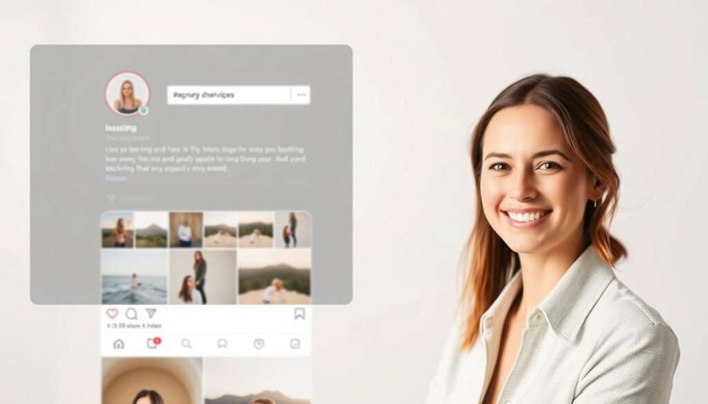 A professional Instagram profile featuring a sleek, minimalist design with a focus on visual storytelling. The foreground showcases a stylized headshot of a person with a warm, inviting expression, captured in soft, natural lighting. The middle ground features a clean, uncluttered layout displaying a curated grid of high-quality images, each with a distinct, cohesive aesthetic. The background subtly fades into a neutral, muted tone, allowing the content to take center stage. The overall composition conveys a sense of professionalism, authenticity, and attention to detail, reflecting the subject's expertise and personal brand.