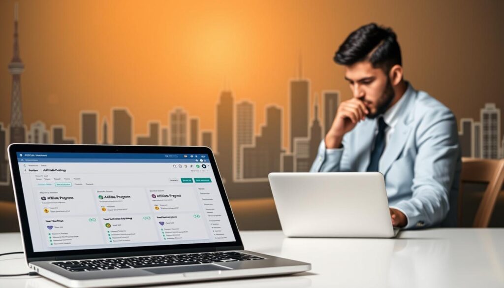 A professional and dynamic scene showcasing the concept of affiliate marketing. In the foreground, a laptop displays an online dashboard with various affiliate program options. In the middle ground, a person thoughtfully examines the laptop, considering the opportunities. The background features a stylized city skyline, symbolizing the potential for growth and expansion in the digital economy. The lighting is warm and inviting, creating a sense of optimism and possibility. The overall composition conveys the empowering nature of affiliate marketing as a means to generate additional income.