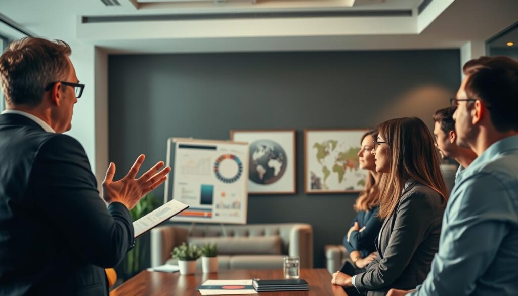 A professional business setting with a salesperson presenting persuasive techniques to an attentive audience. The salesperson stands at the front of the room, gesturing with confidence as they explain various selling strategies using visual aids like charts and graphs. Warm lighting illuminates the scene, creating an atmosphere of engaged learning. The audience members lean forward, their expressions a mix of interest and focus. In the background, a subtle gradient blends corporate decor elements like minimalist furniture and tasteful artwork. The overall composition conveys the importance of mastering persuasive tactics for successful sales. A professional business setting with a salesperson presenting persuasive techniques to an attentive audience. The salesperson stands at the front of the room, gesturing with confidence as they explain various selling strategies using visual aids like charts and graphs. Warm lighting illuminates the scene, creating an atmosphere of engaged learning. The audience members lean forward, their expressions a mix of interest and focus. In the background, a subtle gradient blends corporate decor elements like minimalist furniture and tasteful artwork. The overall composition conveys the importance of mastering persuasive tactics for successful sales.