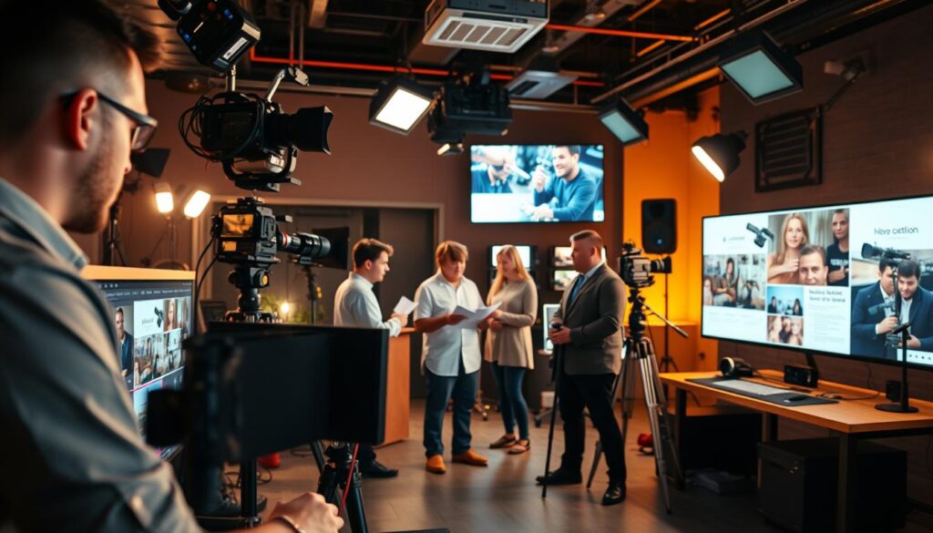A professional video production studio with advanced equipment and skilled videographers. In the foreground, a video editor intently focuses on a high-resolution monitor, manipulating footage with precision. In the middle ground, a team collaborates, reviewing storyboards and discussing creative ideas. The background features a well-equipped editing suite with state-of-the-art cameras, lighting rigs, and audio gear, all working in harmony to enable agile and efficient video production. Warm, focused lighting casts a professional ambiance, while the overall composition conveys a sense of streamlined workflow and creative energy. A professional video production studio with advanced equipment and skilled videographers. In the foreground, a video editor intently focuses on a high-resolution monitor, manipulating footage with precision. In the middle ground, a team collaborates, reviewing storyboards and discussing creative ideas. The background features a well-equipped editing suite with state-of-the-art cameras, lighting rigs, and audio gear, all working in harmony to enable agile and efficient video production. Warm, focused lighting casts a professional ambiance, while the overall composition conveys a sense of streamlined workflow and creative energy.