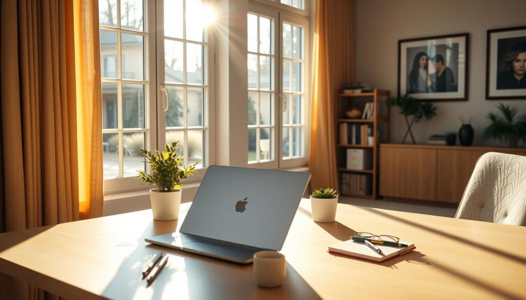 A serene home office setting, bathed in warm, natural lighting pouring through large windows. The desk features a laptop, stationery, and a potted plant, symbolizing the blend of technology and nature. In the background, a bookshelf and wall art evoke a sense of productivity and creativity. The overall atmosphere is one of focused, effortless online income generation, conveying the concept of a sustainable "extra income" through digital work.
