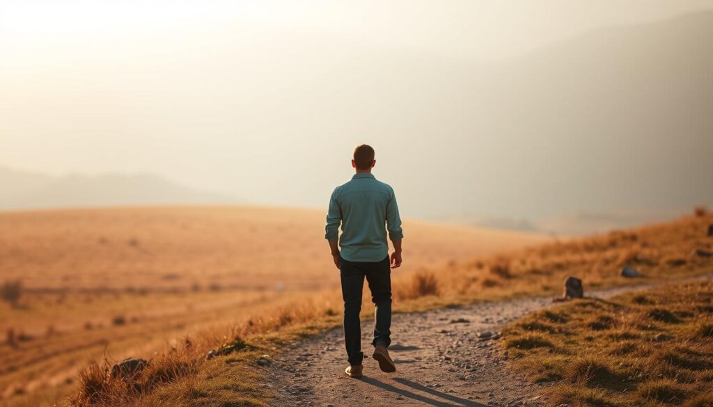 A serene, minimalist landscape depicting a person stepping out of their comfort zone. In the foreground, a figure stands on a winding path, their back to the viewer, gazing towards an expansive, sun-dappled field in the middle ground. The background is a hazy, mountainous horizon, bathed in warm, golden light. The atmosphere conveys a sense of contemplation, exploration, and the journey of personal growth. Soft, diffused lighting creates a calming, dreamlike quality. Capture this scene with a wide-angle lens, emphasizing the vastness of the outdoors and the individual's small, yet significant, step forward. A serene, minimalist landscape depicting a person stepping out of their comfort zone. In the foreground, a figure stands on a winding path, their back to the viewer, gazing towards an expansive, sun-dappled field in the middle ground. The background is a hazy, mountainous horizon, bathed in warm, golden light. The atmosphere conveys a sense of contemplation, exploration, and the journey of personal growth. Soft, diffused lighting creates a calming, dreamlike quality. Capture this scene with a wide-angle lens, emphasizing the vastness of the outdoors and the individual's small, yet significant, step forward.