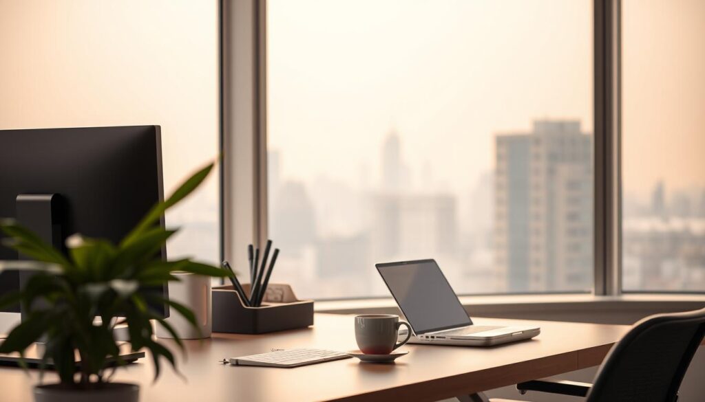 A serene, minimalist office setting with a desktop computer, desk organizers, and a cozy plant in the foreground. In the middle ground, a laptop and a cup of coffee sit atop the desk, conveying a productive workspace. The background features a muted, blurred cityscape visible through a large window, setting the scene for focused, introspective work on identifying a lucrative niche and competitive advantages for information products. Warm, natural lighting illuminates the scene, creating a calm, professional atmosphere. A serene, minimalist office setting with a desktop computer, desk organizers, and a cozy plant in the foreground. In the middle ground, a laptop and a cup of coffee sit atop the desk, conveying a productive workspace. The background features a muted, blurred cityscape visible through a large window, setting the scene for focused, introspective work on identifying a lucrative niche and competitive advantages for information products. Warm, natural lighting illuminates the scene, creating a calm, professional atmosphere.