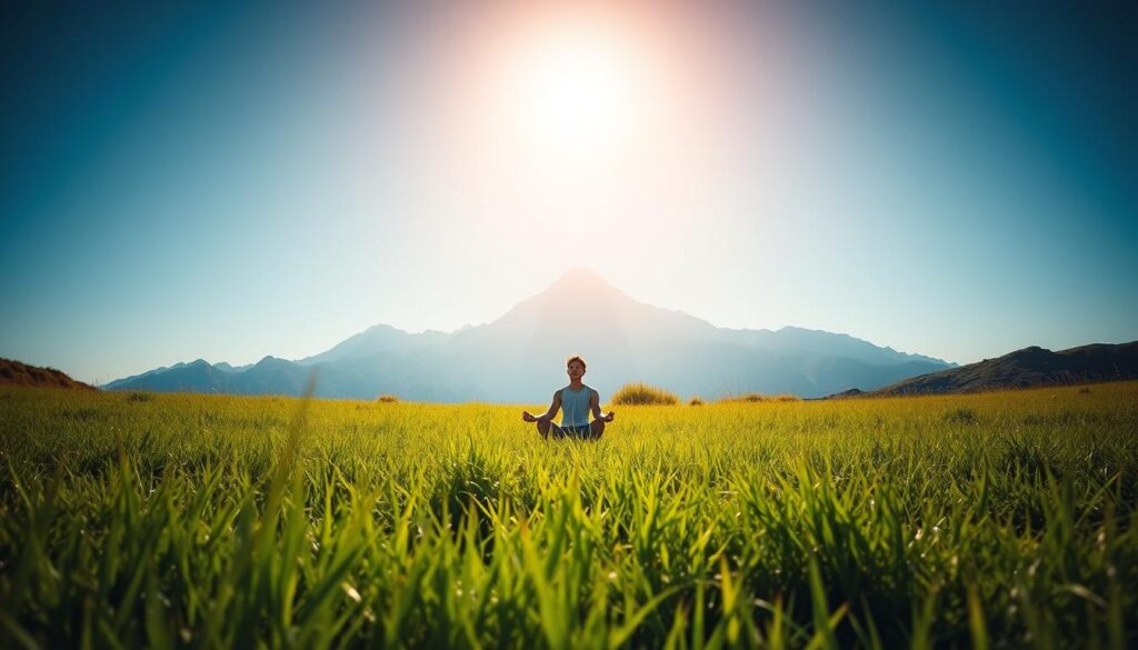 A serene outdoor scene with a lush, green meadow in the foreground. In the middle ground, a person sits cross-legged, deep in meditation, surrounded by a halo of warm, golden light. In the background, a majestic mountain range rises, its peaks piercing the clear, azure sky. The overall mood is one of tranquility, focus, and a sense of financial independence achieved through authentic, meaningful self-expression. The lighting is soft, natural, and diffused, creating a dreamlike, contemplative atmosphere. The camera angle is slightly elevated, giving a sense of expansiveness and possibility.