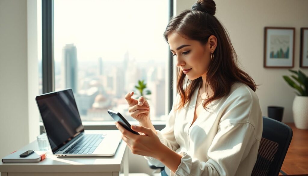 A serene, sun-dappled office space where a young professional, dressed in casual chic attire, navigates a sleek smartphone, immersed in the dynamic world of digital marketing. Surrounded by minimalist decor, they deftly manipulate various apps and software, honing their skills in analytics, content creation, and social media strategy. In the background, a vibrant cityscape frames the scene, representing the boundless opportunities of the digital landscape. The overall mood is one of focus, innovation, and a sense of boundless potential, capturing the essence of "Trilhar o Caminho: Trabalhar com Marketing Digital Pelo Celular".
