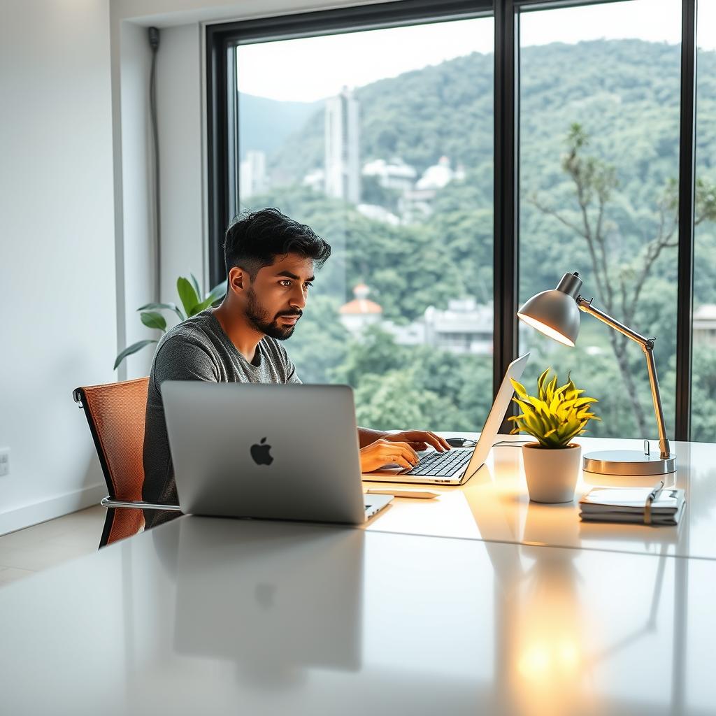 A serene, well-lit indoor workspace with a minimalist aesthetic. The foreground features a Brazilian person seated at a modern, wood-and-glass desk, intently examining a laptop screen, their expression one of focused discovery. The middle ground showcases a clean, organized workspace with neatly arranged office supplies, a potted plant, and a sleek, metallic desk lamp casting a warm glow. The background features large windows overlooking a vibrant, lush cityscape, conveying a sense of urban potential and opportunity. The overall mood is one of inspiration, productivity, and the thrill of uncovering new business prospects through the dropshipping model.