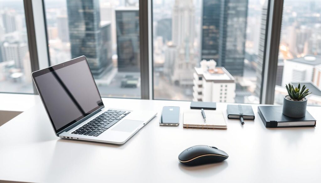 A serene workspace with a modern, minimalist desk setup. In the foreground, a sleek laptop, wireless mouse, and a stylish coffee mug sit atop a clean, white desktop. In the middle ground, various productivity-enhancing tools are neatly arranged, such as a smartphone, a notebook, and a few carefully selected office supplies. The background features a large window overlooking a vibrant cityscape, allowing natural light to flood the space and create a calming, productive atmosphere. The overall scene conveys a sense of efficiency, focus, and the potential to generate income through online platforms and websites.