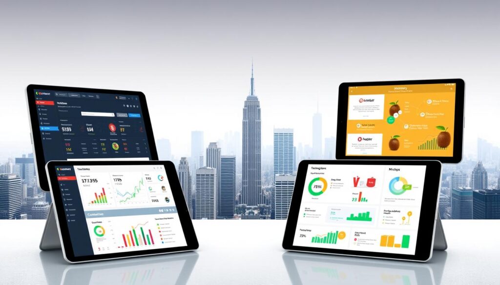 A side-by-side comparison of the Hotmart and Kiwify digital affiliate platforms, showcasing their key features and capabilities. In the foreground, sleek digital devices displaying the respective platform interfaces, highlighting intuitive dashboards and analytics. In the middle ground, data visualizations and infographics illustrating the platforms' transaction volumes, commission structures, and creator support tools. In the background, a minimalist cityscape with skyscrapers and technology hubs, symbolizing the digital landscape in which these platforms operate. The overall scene conveys a professional, technology-driven atmosphere, suitable for an article on maximizing affiliate earnings through these leading digital platforms. A side-by-side comparison of the Hotmart and Kiwify digital affiliate platforms, showcasing their key features and capabilities. In the foreground, sleek digital devices displaying the respective platform interfaces, highlighting intuitive dashboards and analytics. In the middle ground, data visualizations and infographics illustrating the platforms' transaction volumes, commission structures, and creator support tools. In the background, a minimalist cityscape with skyscrapers and technology hubs, symbolizing the digital landscape in which these platforms operate. The overall scene conveys a professional, technology-driven atmosphere, suitable for an article on maximizing affiliate earnings through these leading digital platforms.
