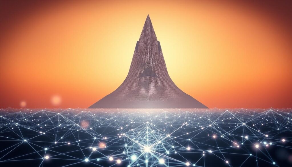 A sleek, minimalist visualization of the TikTok algorithm. A seamless blend of technology and artistry. In the foreground, a pulsing, abstract neural network, its interconnected nodes glowing with a soft, mesmerizing light. In the middle ground, a towering, geometric data structure, its planes and angles hinting at the complex logic that powers the algorithm. In the background, a serene, gradient-filled sky, evoking the vast, digital landscape in which the algorithm operates. The scene is illuminated by a warm, diffused lighting, creating a sense of depth and atmosphere. The overall mood is one of balance, elegance, and the awe-inspiring power of technological innovation.
