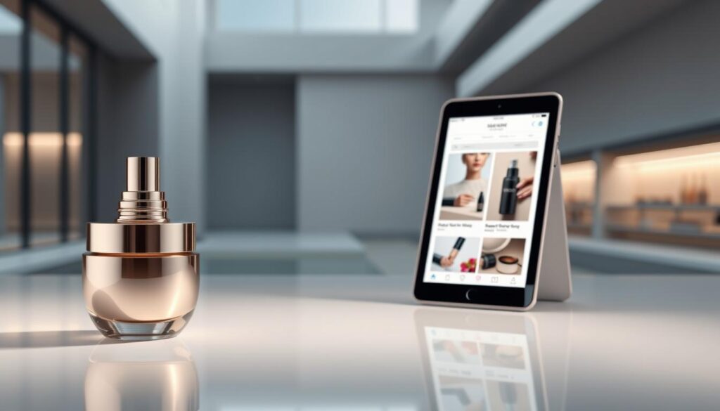 A sleek, modern digital marketing campaign for the beauty industry. In the foreground, a stylized cosmetics product, its gleaming packaging reflecting the studio lighting. In the middle ground, a tablet or smartphone displaying an elegant digital interface, showcasing product imagery and information. The background features a minimalist, urban setting - clean lines, muted colors, and a sense of sophistication. The overall atmosphere is one of innovation, professionalism, and authority in the beauty and cosmetics space. Subtle, elegant, and visually striking.