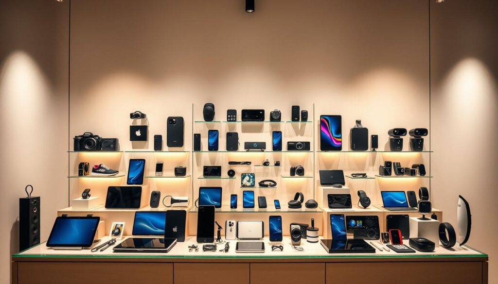 A sleek, modern product display showcasing various digital products and gadgets, set against a clean, minimalist background. The arrangement features a variety of electronic devices, smartphones, tablets, and other tech accessories, all thoughtfully curated to appeal to a tech-savvy target audience. Warm, diffused lighting creates a sense of depth and highlights the detailed textures and finishes of the products. The composition is balanced, with a focus on the central display, while peripheral elements provide context and visual interest. The overall mood is professional, aspirational, and designed to inspire shoppers to explore the diverse product selection. A sleek, modern product display showcasing various digital products and gadgets, set against a clean, minimalist background. The arrangement features a variety of electronic devices, smartphones, tablets, and other tech accessories, all thoughtfully curated to appeal to a tech-savvy target audience. Warm, diffused lighting creates a sense of depth and highlights the detailed textures and finishes of the products. The composition is balanced, with a focus on the central display, while peripheral elements provide context and visual interest. The overall mood is professional, aspirational, and designed to inspire shoppers to explore the diverse product selection.