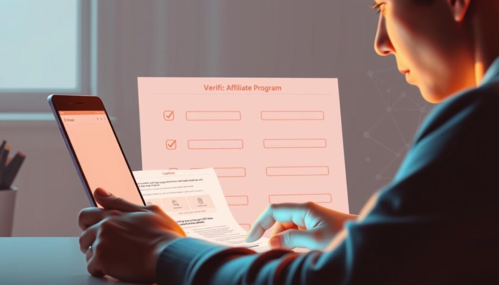 A softly lit, high-resolution digital illustration depicting the verification process for the Shopee Affiliate Program. In the foreground, a person is meticulously reviewing a digital document on a laptop screen, their face illuminated by the warm glow of the display. The middle ground shows a series of checkboxes and input fields, representing the various verification steps. In the background, a subtle pattern of interlocking shapes and lines suggests the underlying technological framework of the program. The overall mood is one of focused professionalism, with a sense of progression and accomplishment. A softly lit, high-resolution digital illustration depicting the verification process for the Shopee Affiliate Program. In the foreground, a person is meticulously reviewing a digital document on a laptop screen, their face illuminated by the warm glow of the display. The middle ground shows a series of checkboxes and input fields, representing the various verification steps. In the background, a subtle pattern of interlocking shapes and lines suggests the underlying technological framework of the program. The overall mood is one of focused professionalism, with a sense of progression and accomplishment.