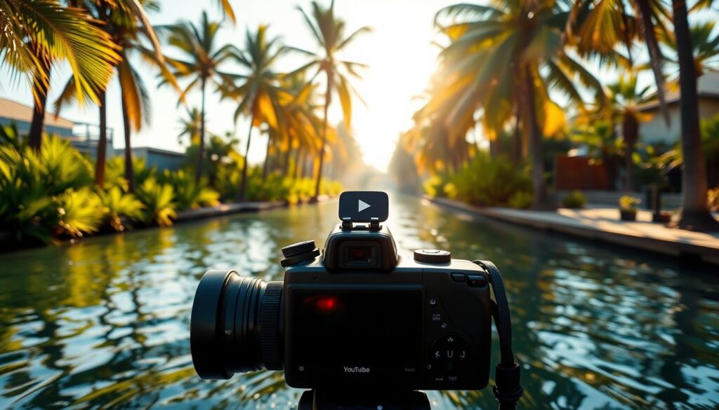 A strategic YouTube channel, its logo prominently displayed, flows through a lush, vibrant canal. Sunlight dances on the water's surface, casting a warm, inviting glow. Tall, swaying palm trees line the banks, creating a serene, tropical ambiance. In the foreground, a sleek, modern camera captures the scene, symbolizing the content creation process. The overall composition conveys a sense of purposeful, well-planned video production, aligning with the article's theme of "Preparing Your Channel and Planning the Content".